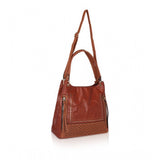 Brown faux leather textured tote bag with zipper closure and dual handle, synthetic lining
