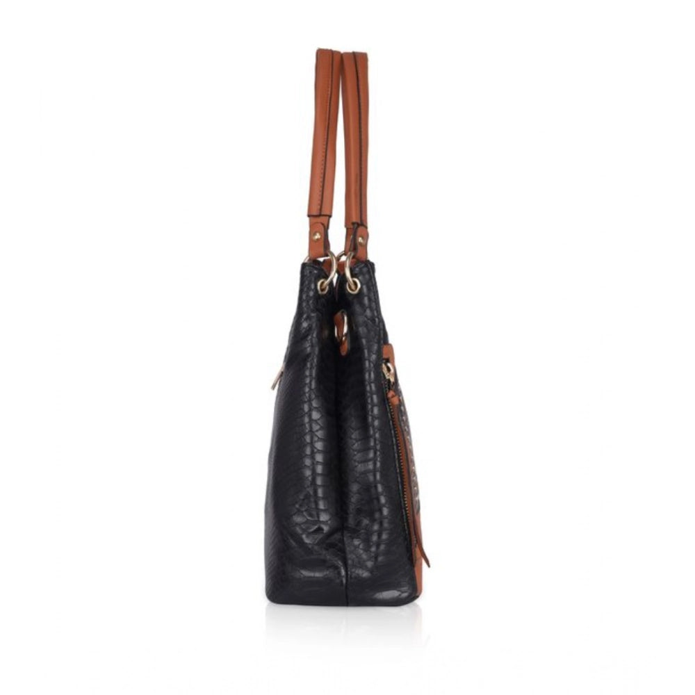 Black faux leather textured tote bag with zipper closure and dual handles