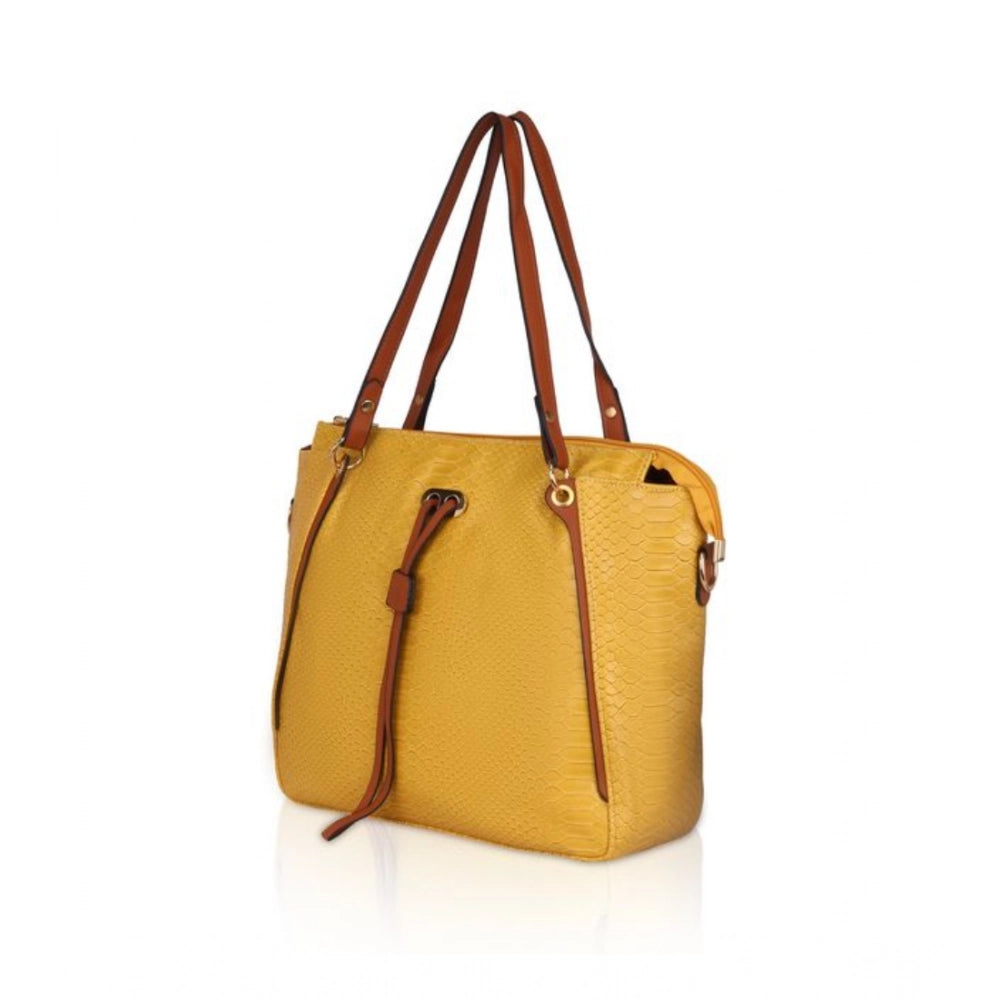 Yellow faux leather textured tote bag with zipper closure and dual handles