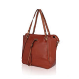 Brown faux leather textured tote bag with zipper closure and dual handles