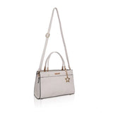White faux leather textured adjustable long belt handbag with zipper closure and dual handle strap