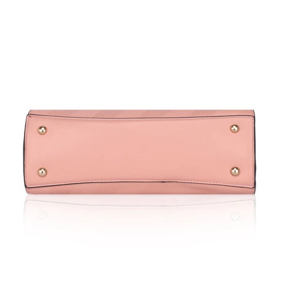 Pink faux leather textured adjustable long belt handbag with dual handle, featuring a zipper closure and synthetic inner material