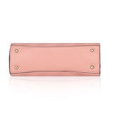 Pink faux leather textured adjustable long belt handbag with dual handle, featuring a zipper closure and synthetic inner material
