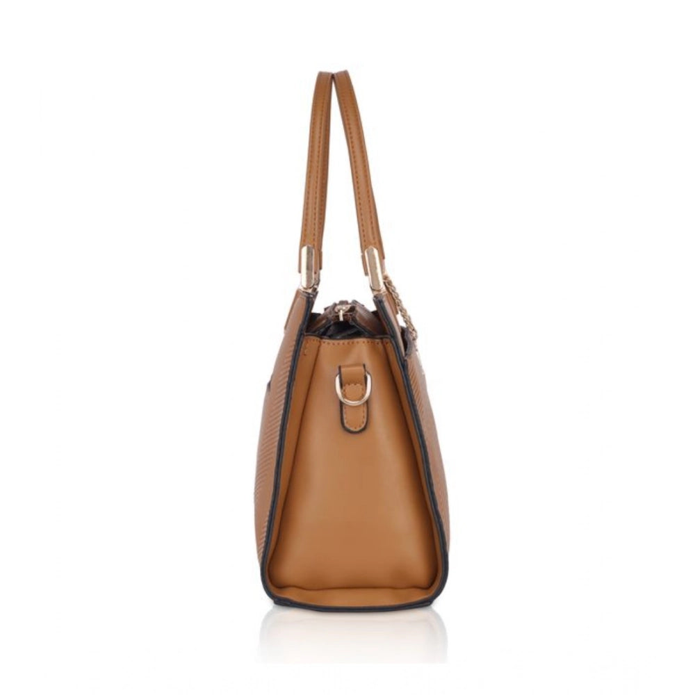 Brown faux leather textured adjustable long belt handbag with dual handles and zipper closure