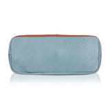 Grey faux leather textured tote bag with zipper closure and dual handle