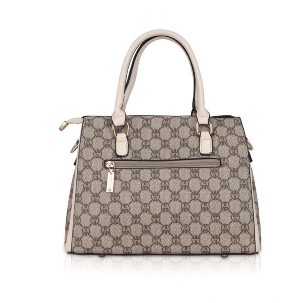 Beige faux leather printed handbag with dual handle, synthetic inner material and zipper closure