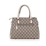 Beige faux leather printed handbag with dual handle, synthetic inner material and zipper closure