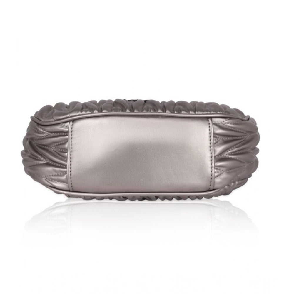 Silver grey faux leather textured handbag with dual handle and zipper closure