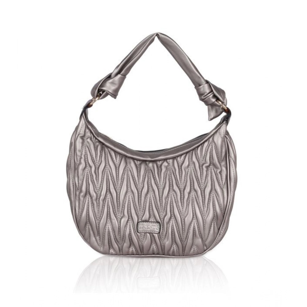 Silver grey faux leather textured handbag with dual handle and zipper closure