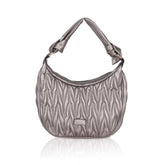 Silver grey faux leather textured handbag with dual handle and zipper closure