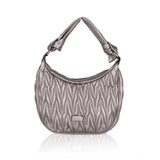 Silver grey faux leather textured handbag with dual handle and zipper closure