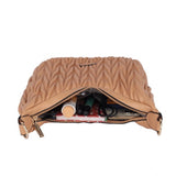 Beige faux leather textured handbag with dual handle, zipper closure - synthetic lining, women's fashion accessory on table