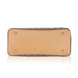 Camel faux leather printed handbag with dual handle, synthetic lining, and zipper closure