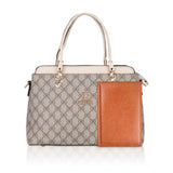 Beige faux leather printed handbag with zipper closure and dual handle, synthetic inner material