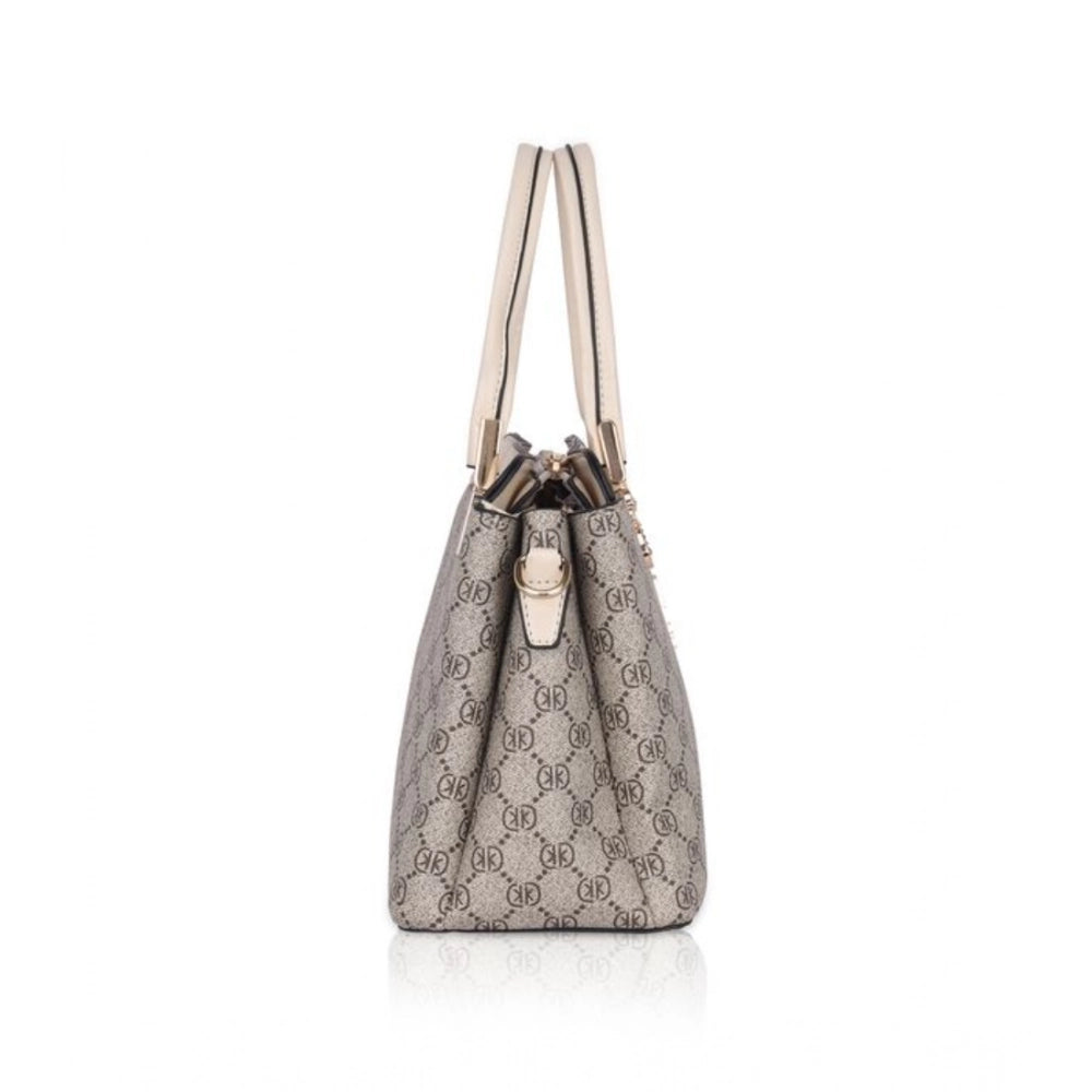 Beige faux leather printed handbag with dual handle and zipper closure, perfect for daily wear