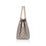 Beige faux leather printed handbag with dual handle, synthetic lining, zipper closure - fashion accessory on display