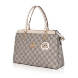 Beige faux leather printed handbag with dual handle and zipper closure for women's fashion accessories