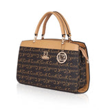 Camel faux leather printed handbag with dual handle, synthetic lining, zipper closure - fashion accessory on display