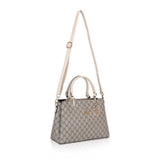 Beige faux leather printed handbag with dual handle, zipper closure for women's fashion accessory
