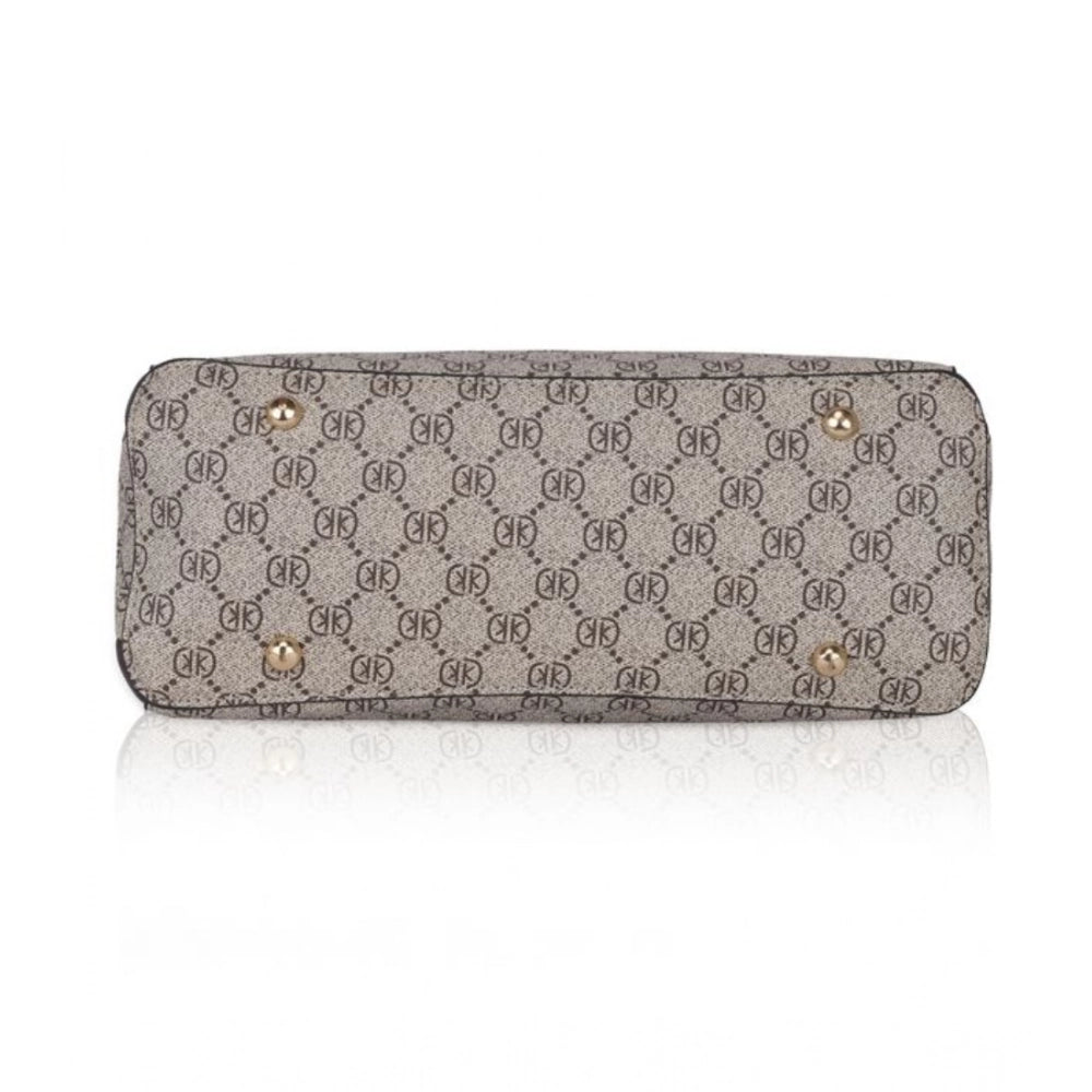 Coffee faux leather printed handbag with dual handle, synthetic lining, zipper closure