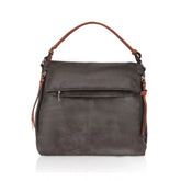 Green faux leather sling bag with dual handle, solid pattern and zipper closure