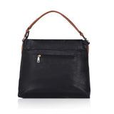 Black faux leather sling bag, synthetic lining, dual handle, zipper closure