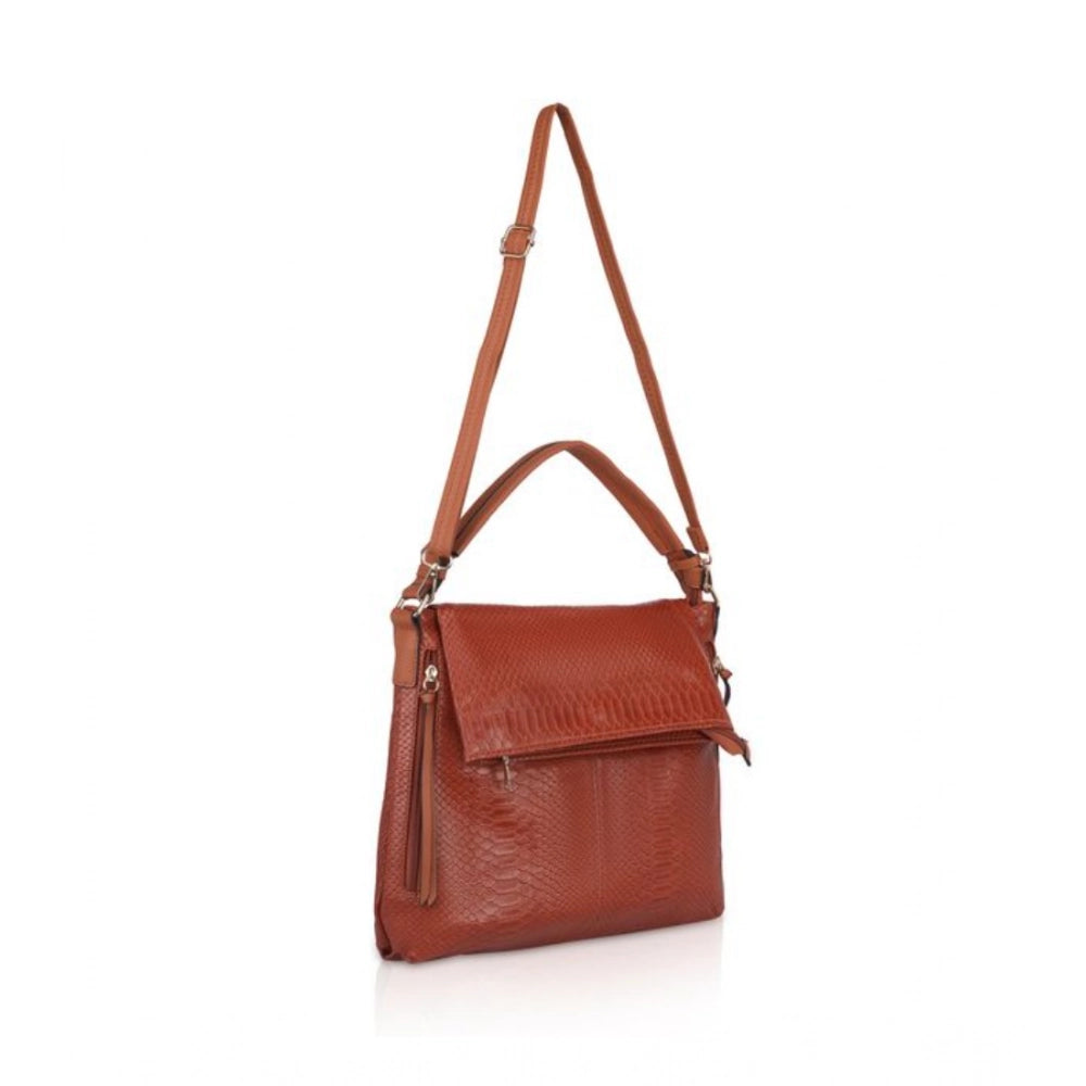 Brown faux leather textured sling bag with dual handle, synthetic lining, zipper closure