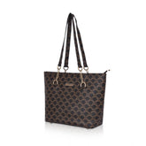 Brown faux leather printed tote bag with dual handle and zipper closure, synthetic lining, ideal for everyday use