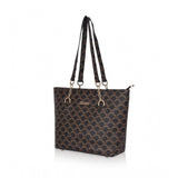 Brown faux leather printed tote bag with dual handle, synthetic lining, and zipper closure