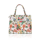 White orang faux leather printed handbag with dual handles, synthetic lining, and zipper closure