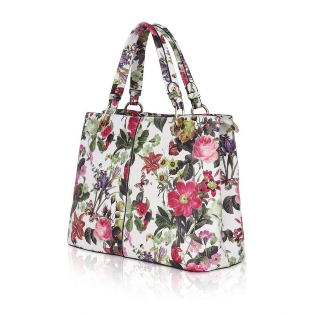 White pink faux leather printed handheld bag with dual handle, synthetic lining, zipper closure