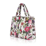 White pink faux leather printed handheld bag with dual handle, synthetic lining, zipper closure