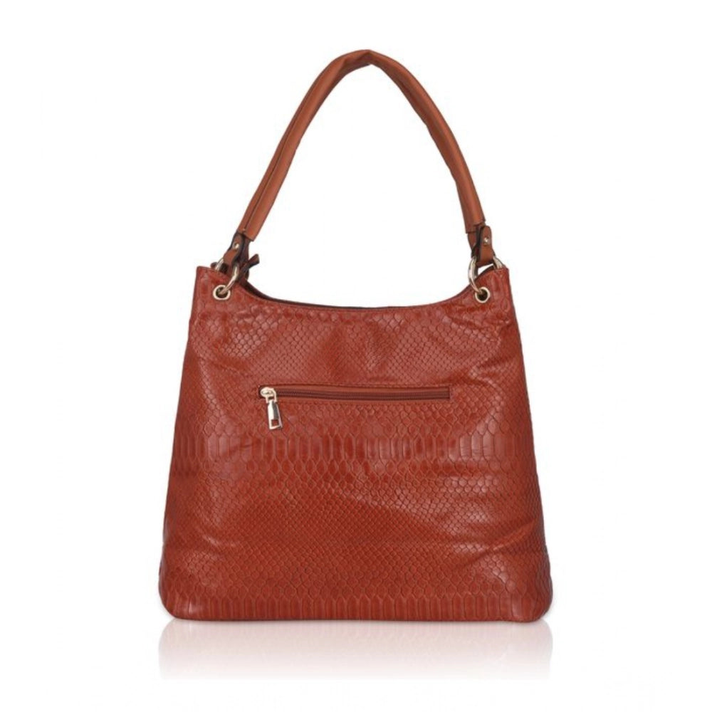 Brown faux leather textured tote bag with zipper closure and dual handles