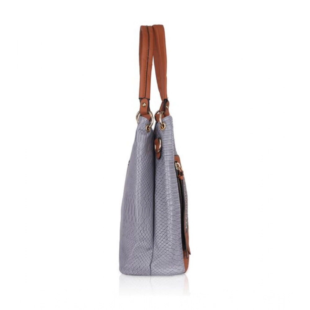 Blue faux leather textured tote bag, synthetic lining with zipper closure, dual handle style
