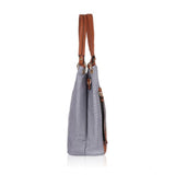 Blue faux leather textured tote bag, synthetic lining with zipper closure, dual handle style
