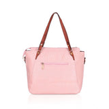 Pink faux leather textured tote bag with zipper closure and dual handles