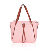 Pink faux leather textured tote bag with zipper closure and dual handles