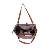 Grey faux leather textured tote bag with zipper closure and dual handle