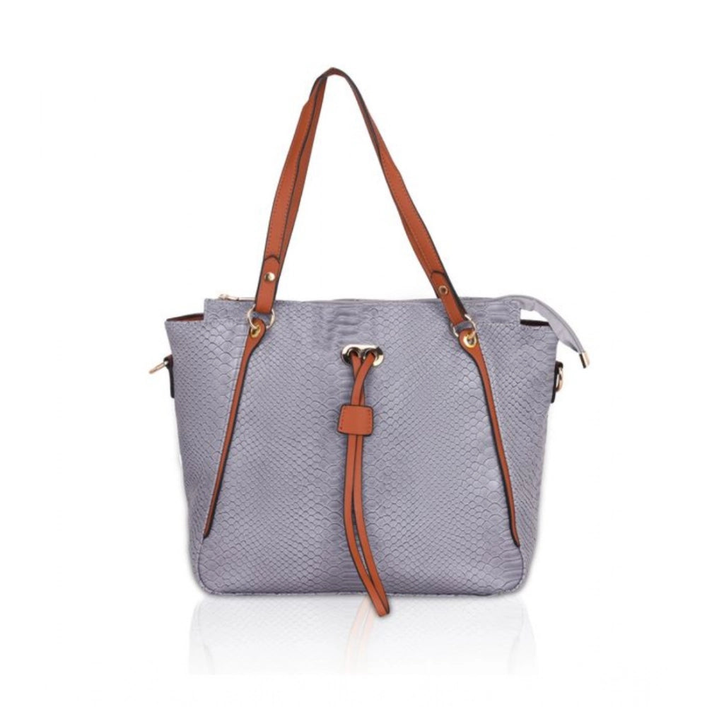 Grey faux leather textured tote bag with zipper closure and dual handles