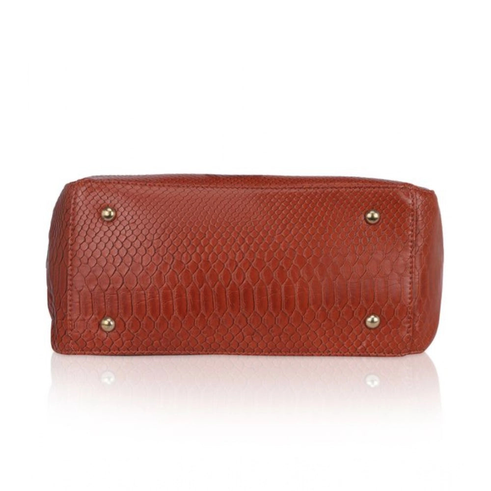 Brown faux leather textured tote bag with zipper closure and dual handles