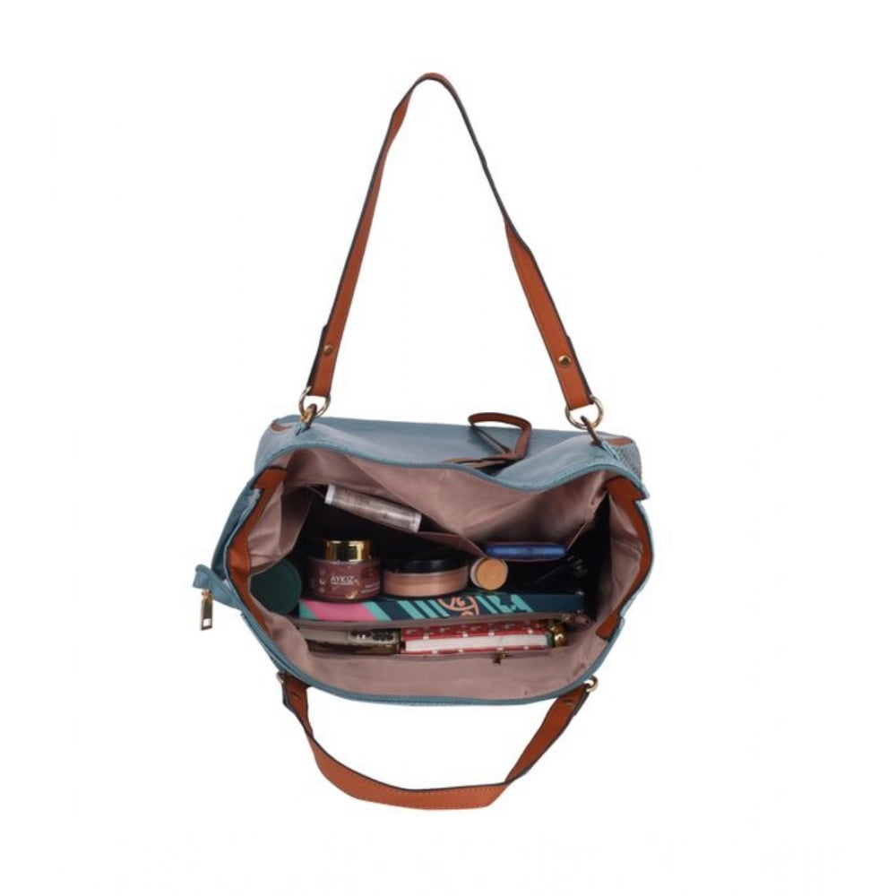 Blue faux leather textured tote bag with zipper closure and dual handle