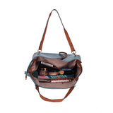 Blue faux leather textured tote bag with zipper closure and dual handle