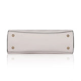 White faux leather textured adjustable long belt handbag with dual handle, synthetic lining, and zipper closure