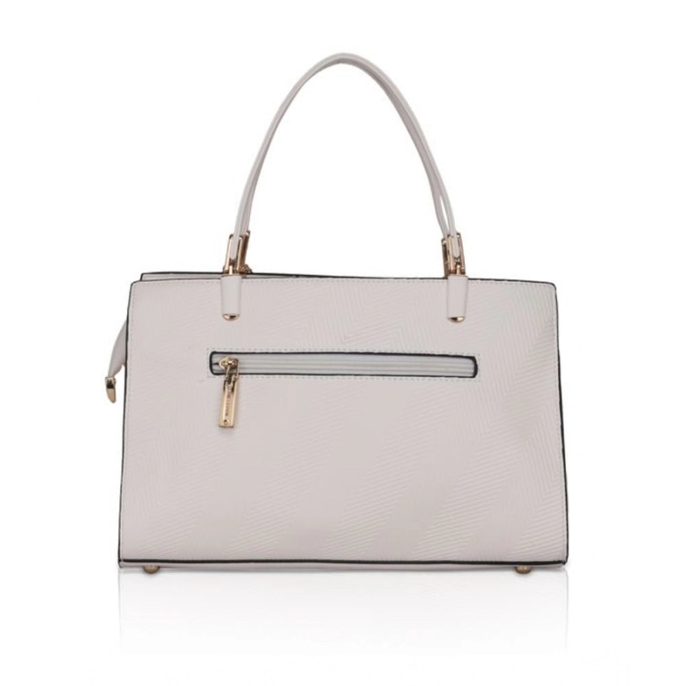 White faux leather textured adjustable long belt handbag with dual handle, synthetic lining, and zipper closure