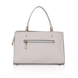 White faux leather textured adjustable long belt handbag with dual handle, synthetic lining, and zipper closure