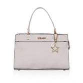 White faux leather textured adjustable long belt handbag with zipper closure and dual handles