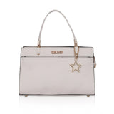 White faux leather textured adjustable long belt handbag with zipper closure and dual handles
