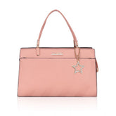 Pink faux leather textured adjustable long belt handbag with dual handle, synthetic inner material and zipper closure