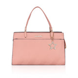 Pink faux leather textured adjustable long belt handbag with dual handle, synthetic inner material and zipper closure