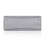 Grey faux leather textured adjustable long belt handbag with dual handle and zipper closure